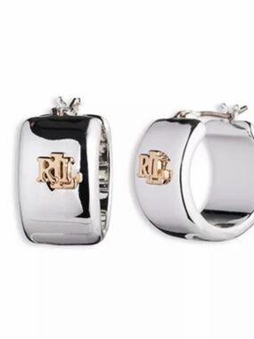 Ralph Lauren -Silver Hoop Earrings with Gold Accent Logo